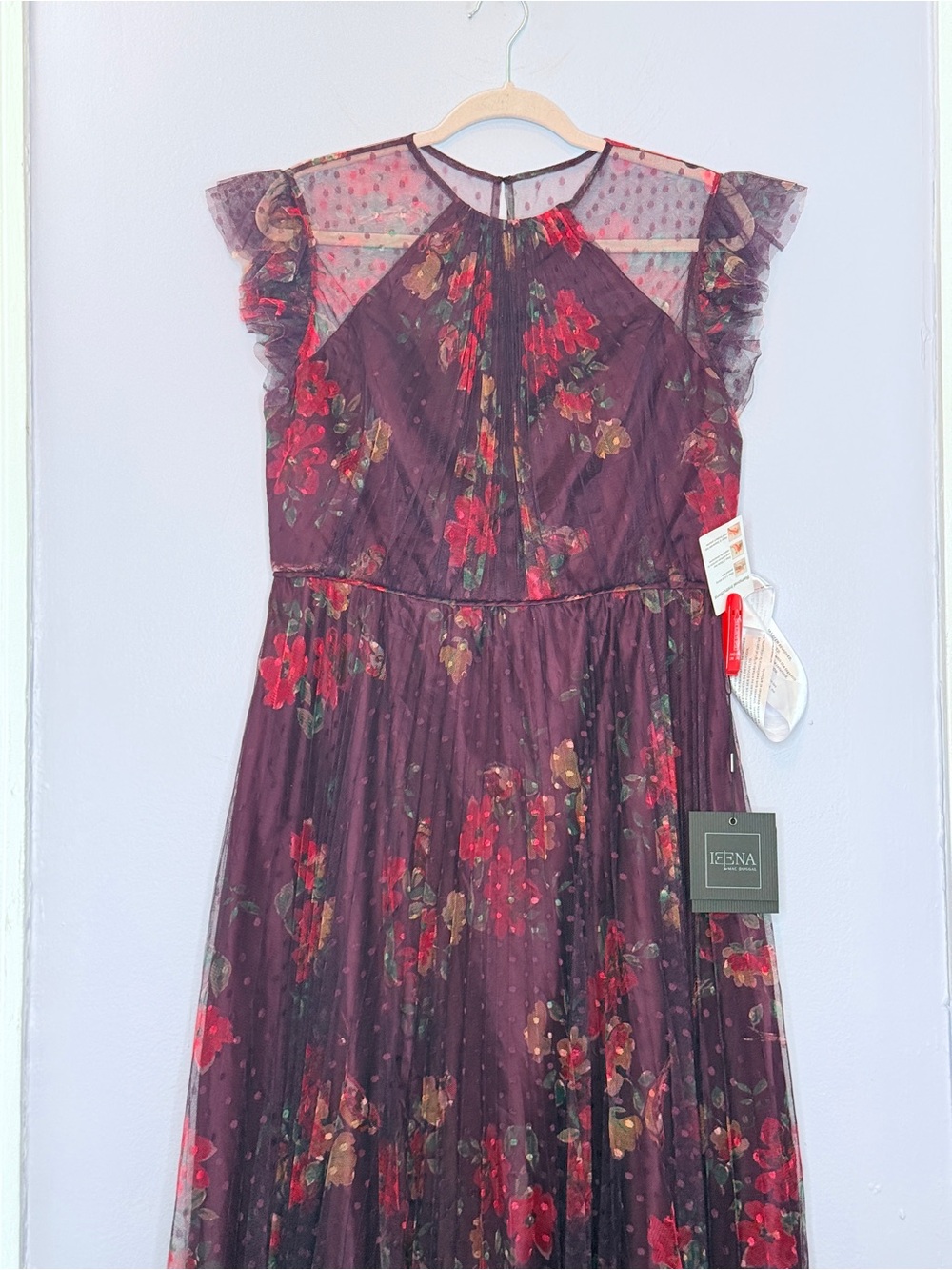 NWT! IEENA FOR MAC DUGGAL Purple Floral Flutter Sleeve Midi Dress Size 4 - Picture 7 of 16